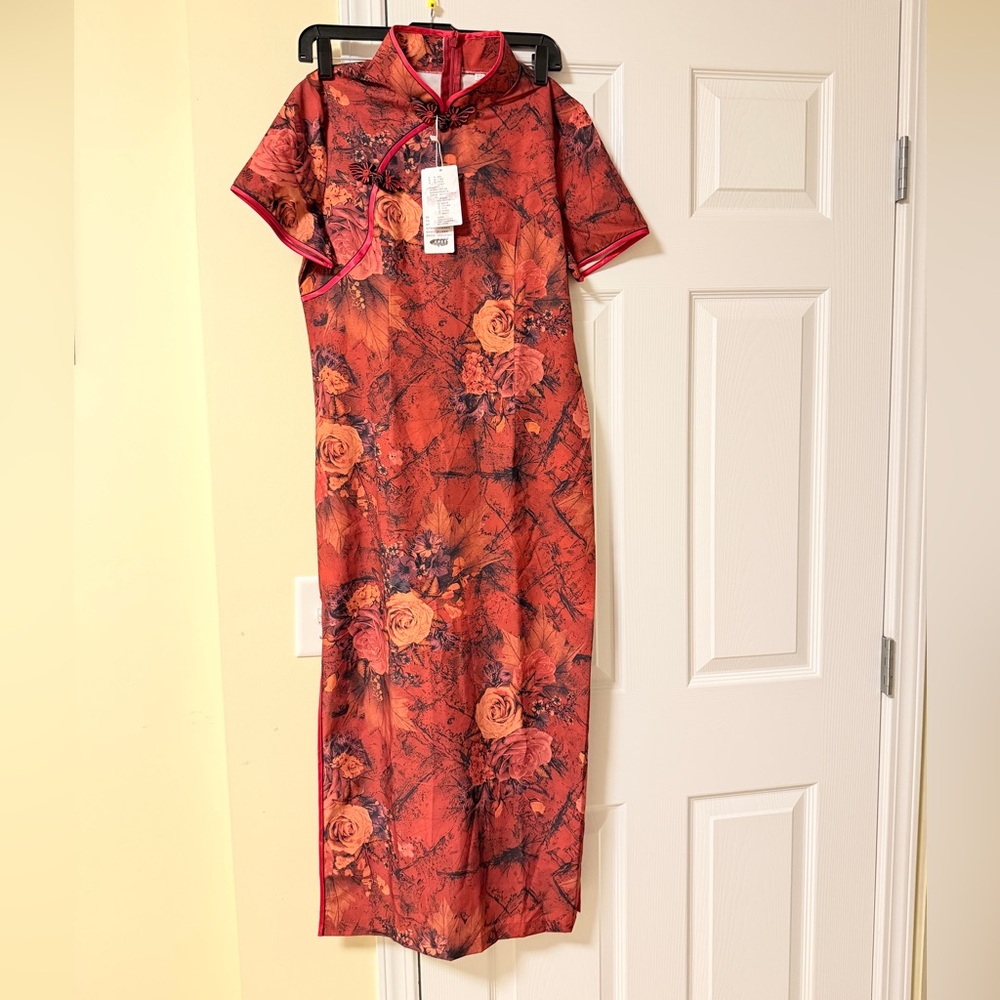 Floral Red Cheongsam Dress